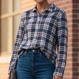 J.Crew $98 Small Brushed Cotton Navy Red Cream Plaid‎ Button Up Boyfriend Shirt